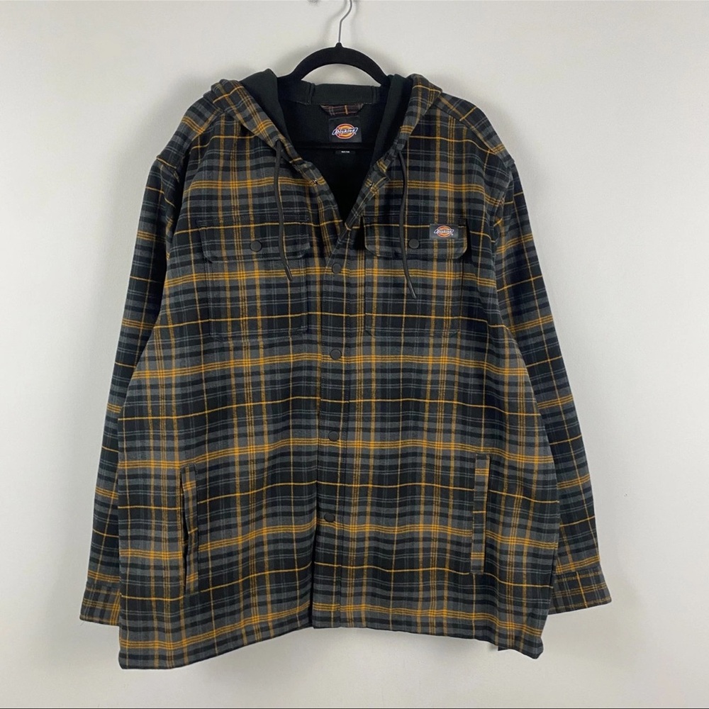 DICKIES MENS BONDED FLEECE PLAID HOODED JACKET NWT SZ LR/GR 2POCKETS SNAPS